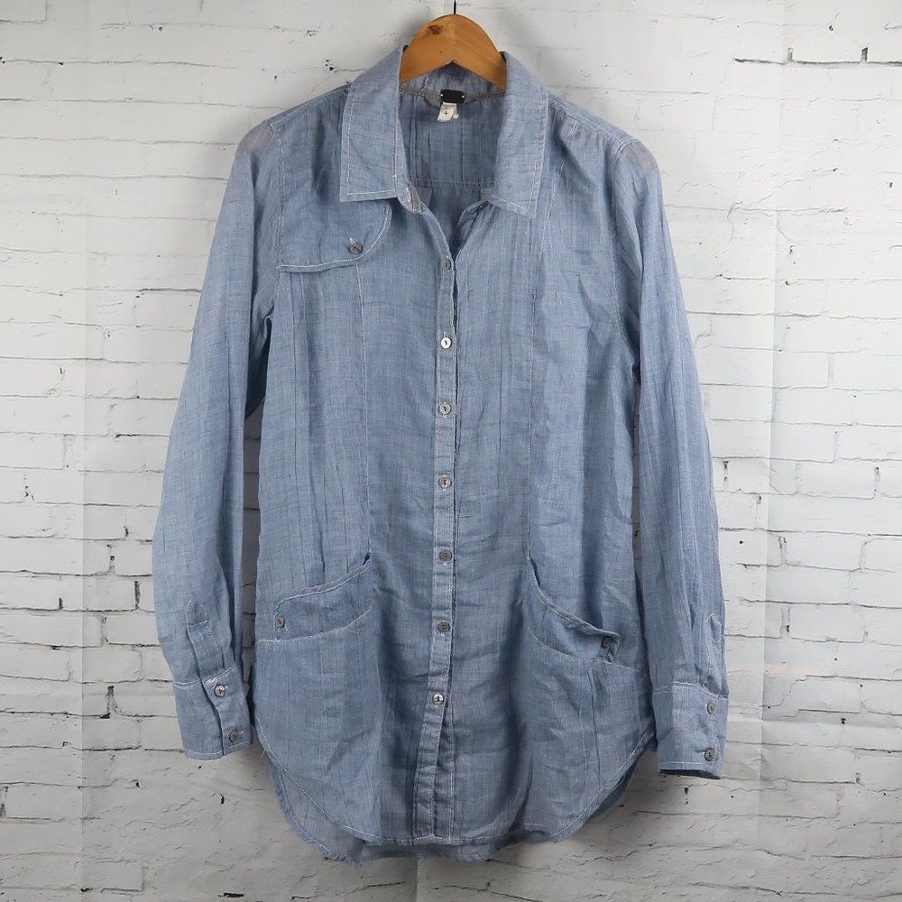 WE THE FREE G+L+ BLUE LONG SLEEVE BUTTON DOWN LINEN TUNIC TOP SIZE LARGE